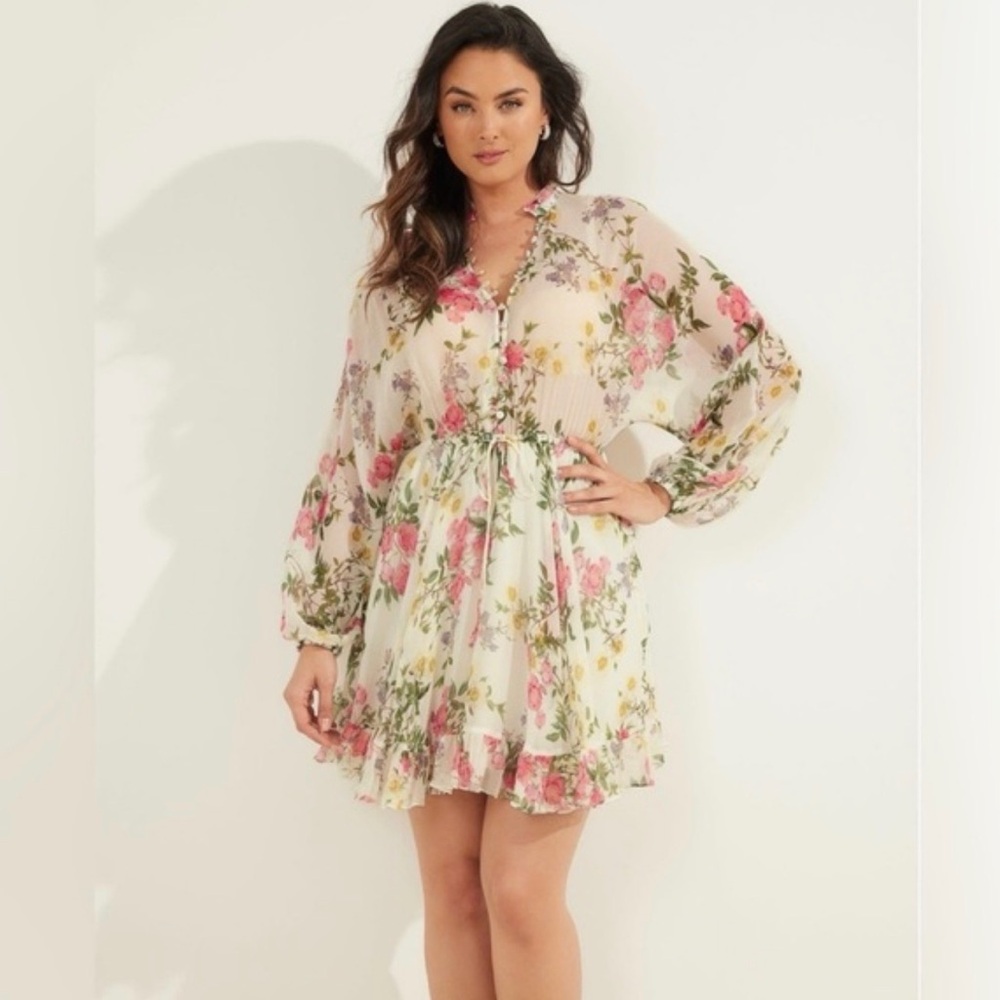 Marciano Floral Mini Dress - Pink and Cream 100% SILK